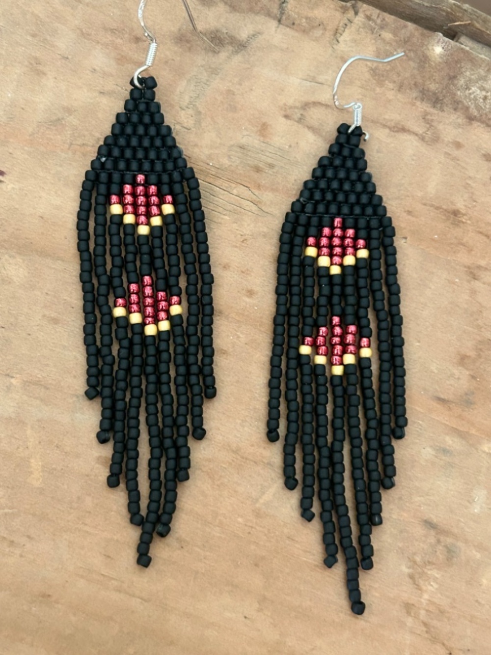 {Redwing Blackbird} Handmade Beaded Glass Earrings on Sterling Silver 3.75"